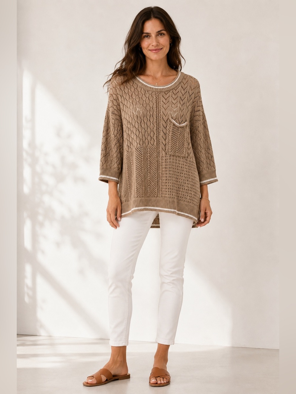 Democracy Open-Knit Pocket Sweater in Taupe with Contrast Trim